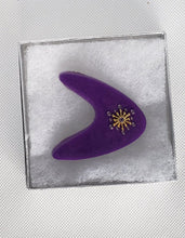 Load image into Gallery viewer, Large Atomic Boomerang Brooch with Sunburst and Rhinestones in Amethyst
