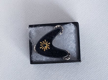 Load image into Gallery viewer, Small Atomic Boomerang Brooch with Atomic Sunburst and rhinestone