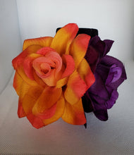 Load image into Gallery viewer, Double Rose Hair Clip in Flame Orange and Purple