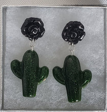 Load image into Gallery viewer, Rockabilly Rose and Cactus Earrings in leaf green and black