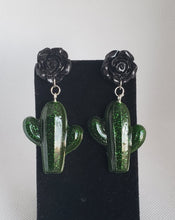 Load image into Gallery viewer, Rockabilly Rose and Cactus Earrings in leaf green and black