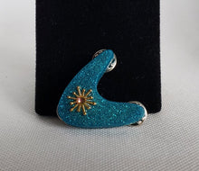 Load image into Gallery viewer, Small Atomic Boomerang Brooch in Poseidon Blue with Atomic Sunburst