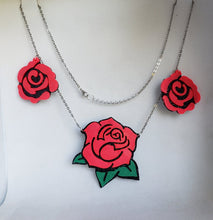 Load image into Gallery viewer, Triple Rose Necklace in Hot Pink, Black, and Green