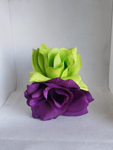 Load image into Gallery viewer, Double Rose Hair Clip in Bright Green and Purple