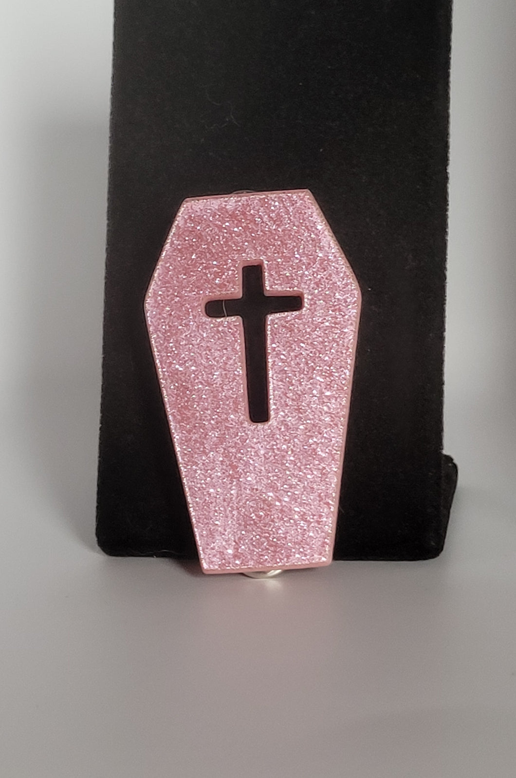 Coffin Brooch in Glitter Pink Acrylic