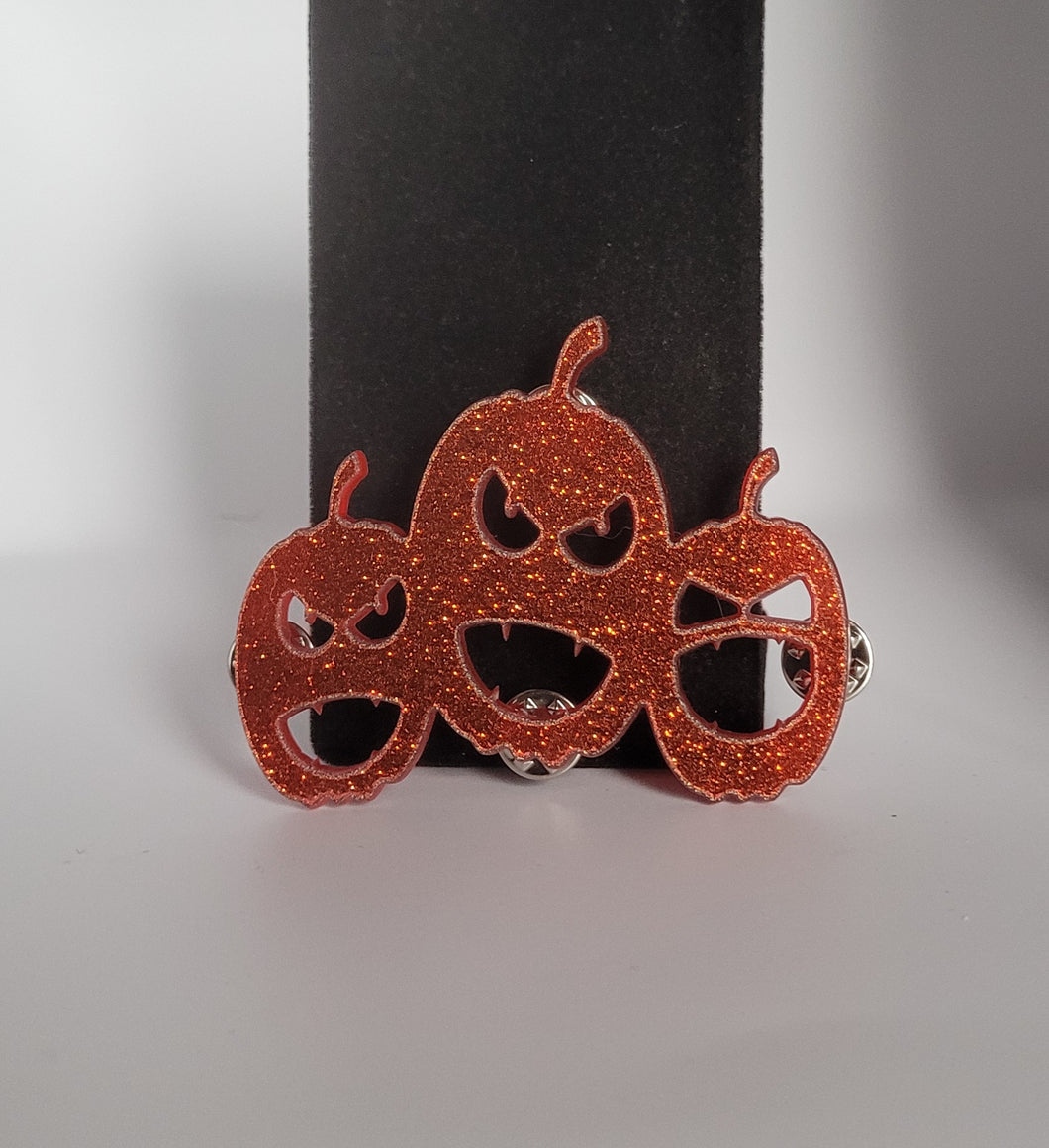 Triple Jack-O-Lantern Brooch in Glitter Orange Acrylic