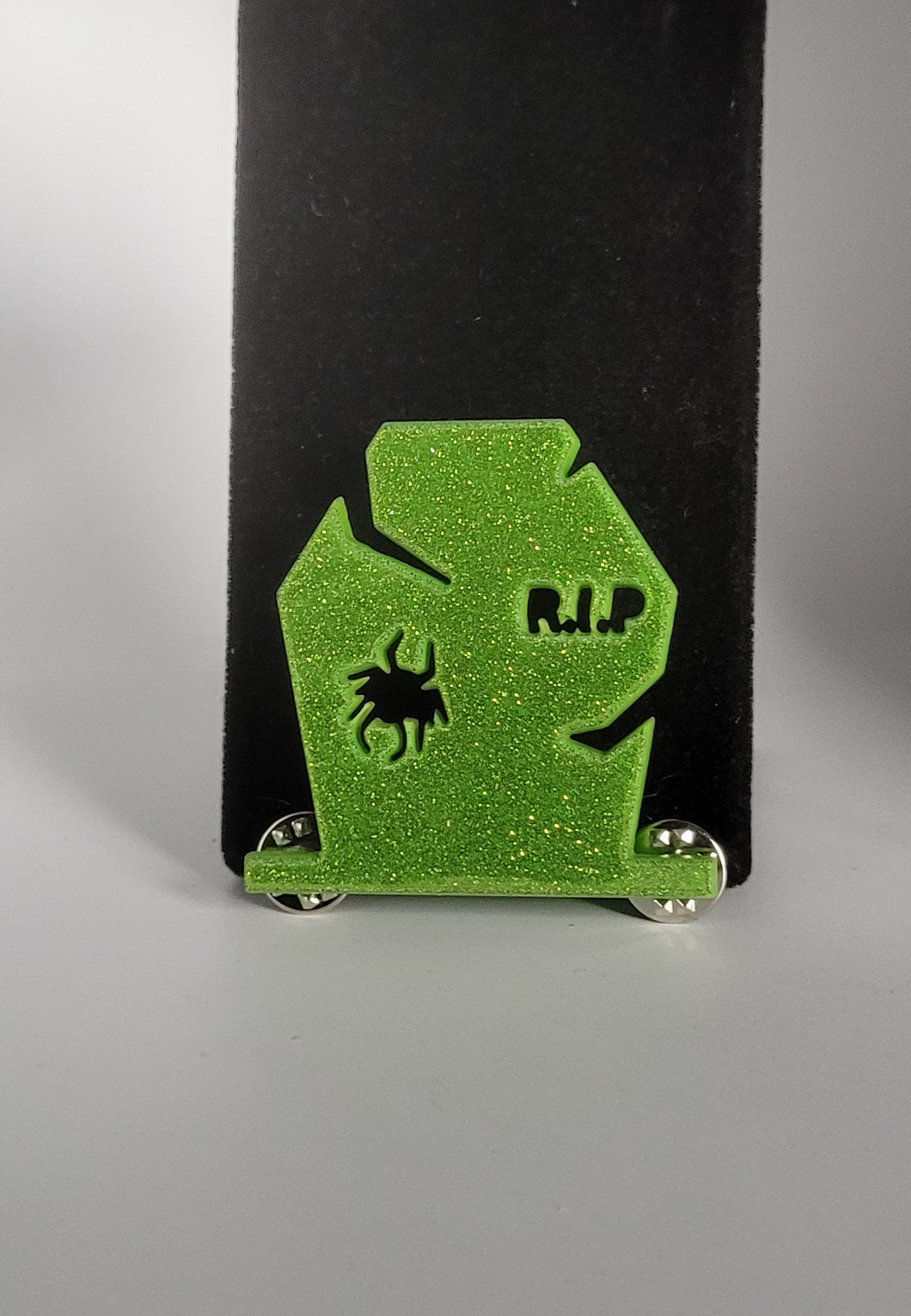 RIP Spider Tombstone Brooch in Glitter Lime Green Acrylic