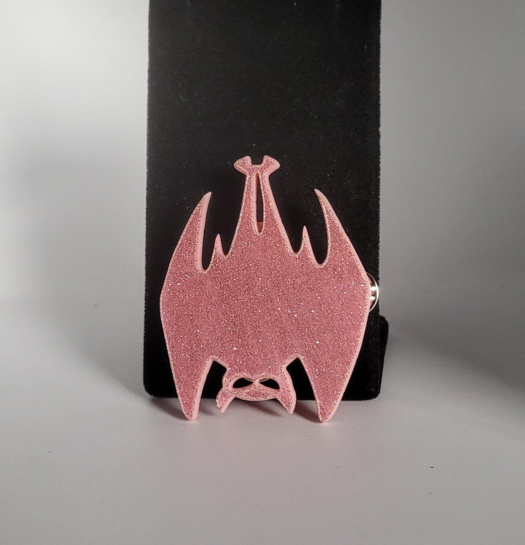 Hanging Bat Brooch in Glitter Pink Acrylic