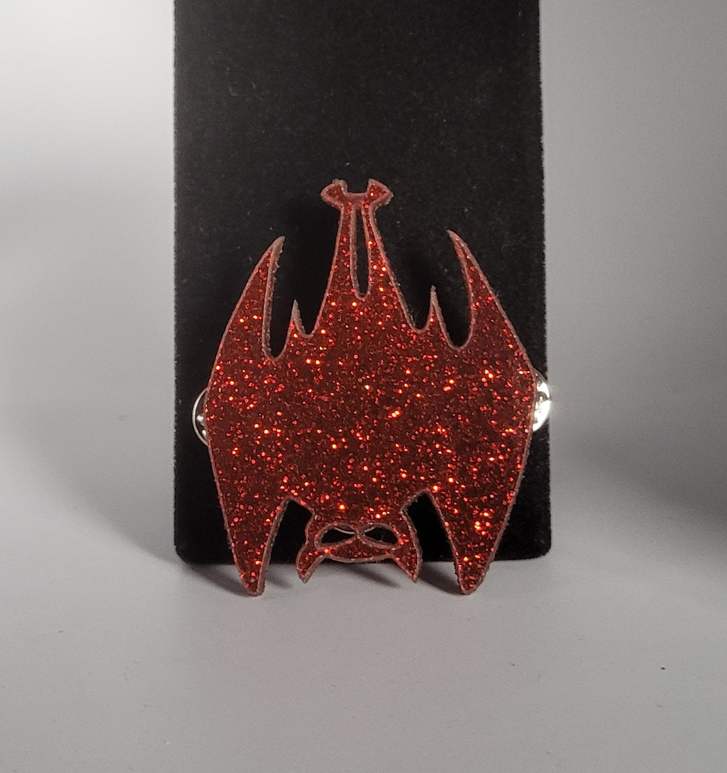 Hanging Bat Brooch in Glitter Red Acrylic