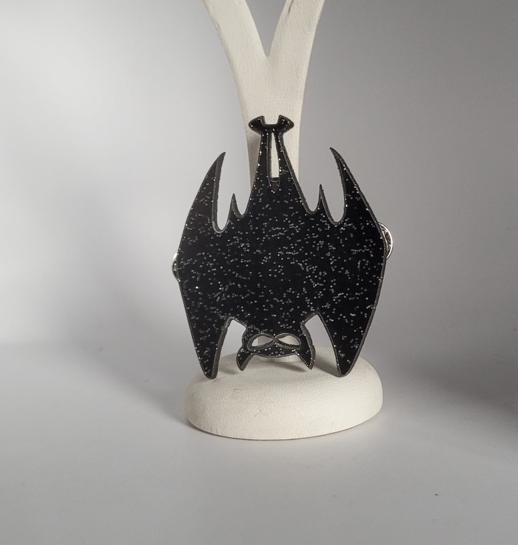 Hanging Bat Brooch in Glitter Black Acrylic