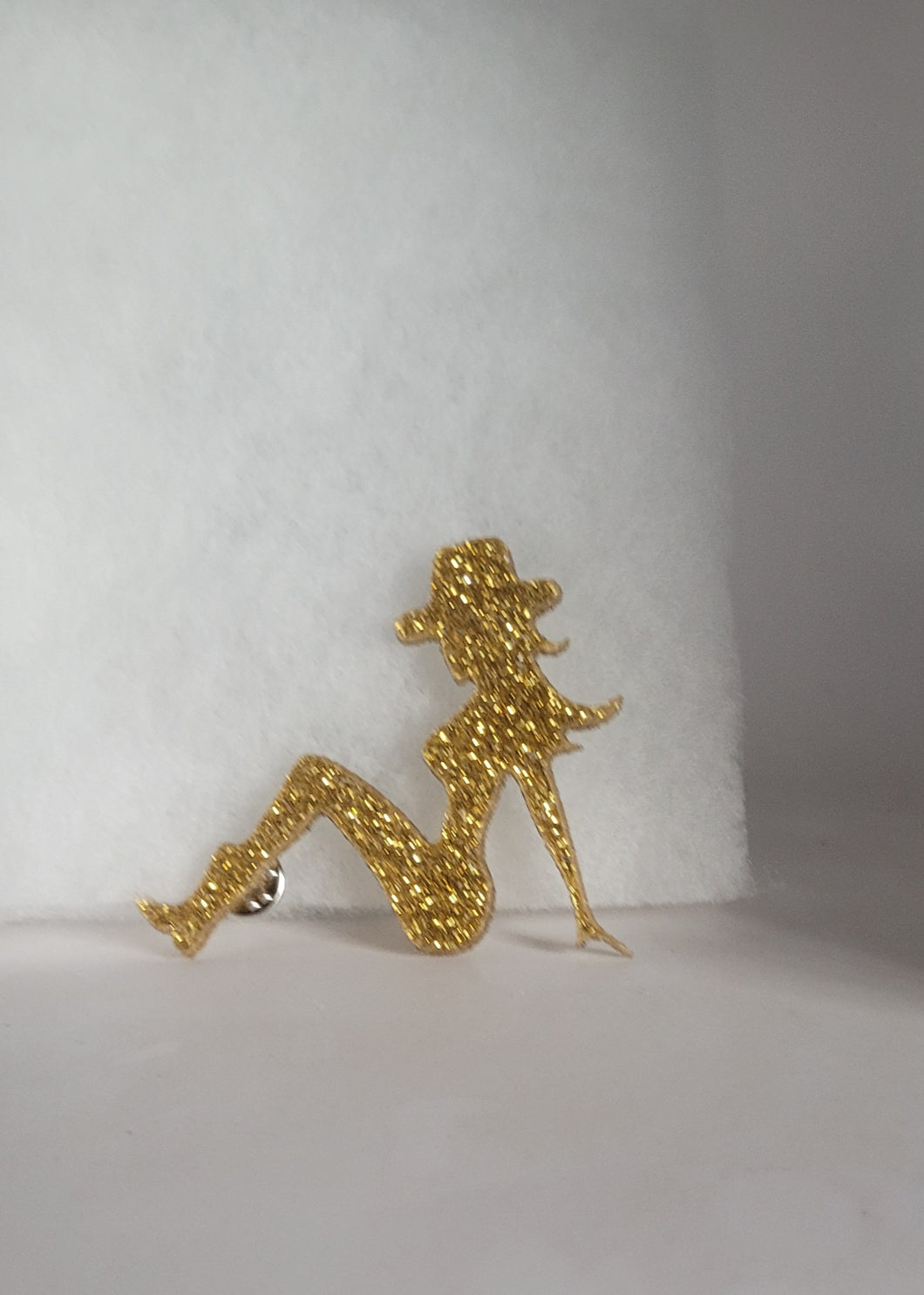 Cowgirl Silhouette Brooch in Glitter Gold Acrylic