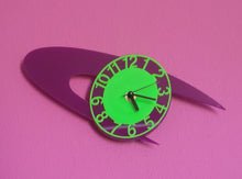 Load image into Gallery viewer, Small Orbital Wall Clock in Neon Green and Purple Acrylic
