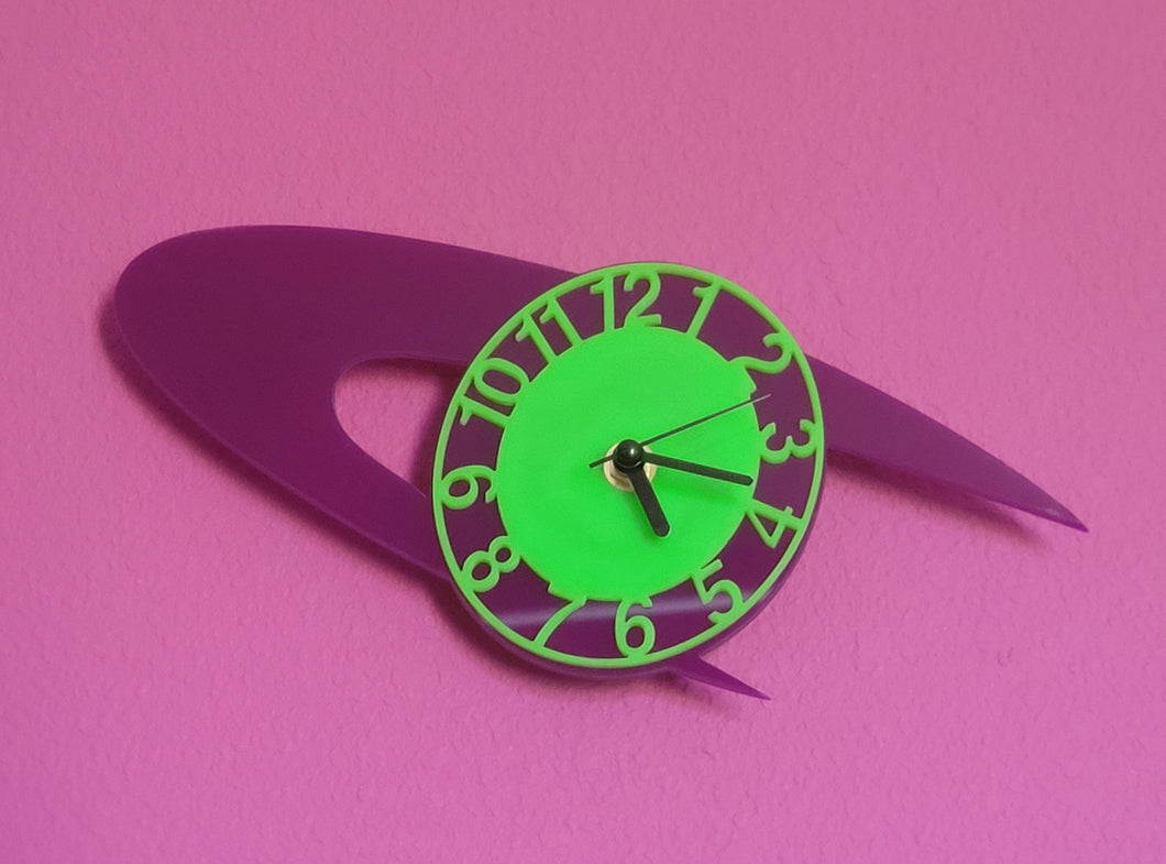 Small Orbital Wall Clock in Neon Green and Purple Acrylic