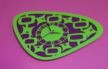 Load image into Gallery viewer, Large Atomic Diamond Wall Clock in Neon Green and Purple Acrylic
