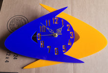 Load image into Gallery viewer, Small Double Boomerang Wall Clock in Blue and Orange Acrylic
