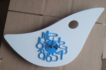 Load image into Gallery viewer, Large Mid Century Bird Wall Clock in White and Blue Acrylic
