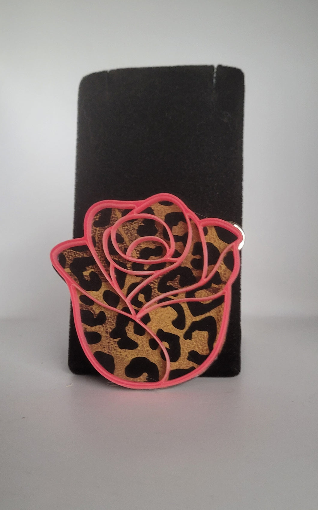 Rose Brooch in Leopard Print and Hot Pink Acrylic