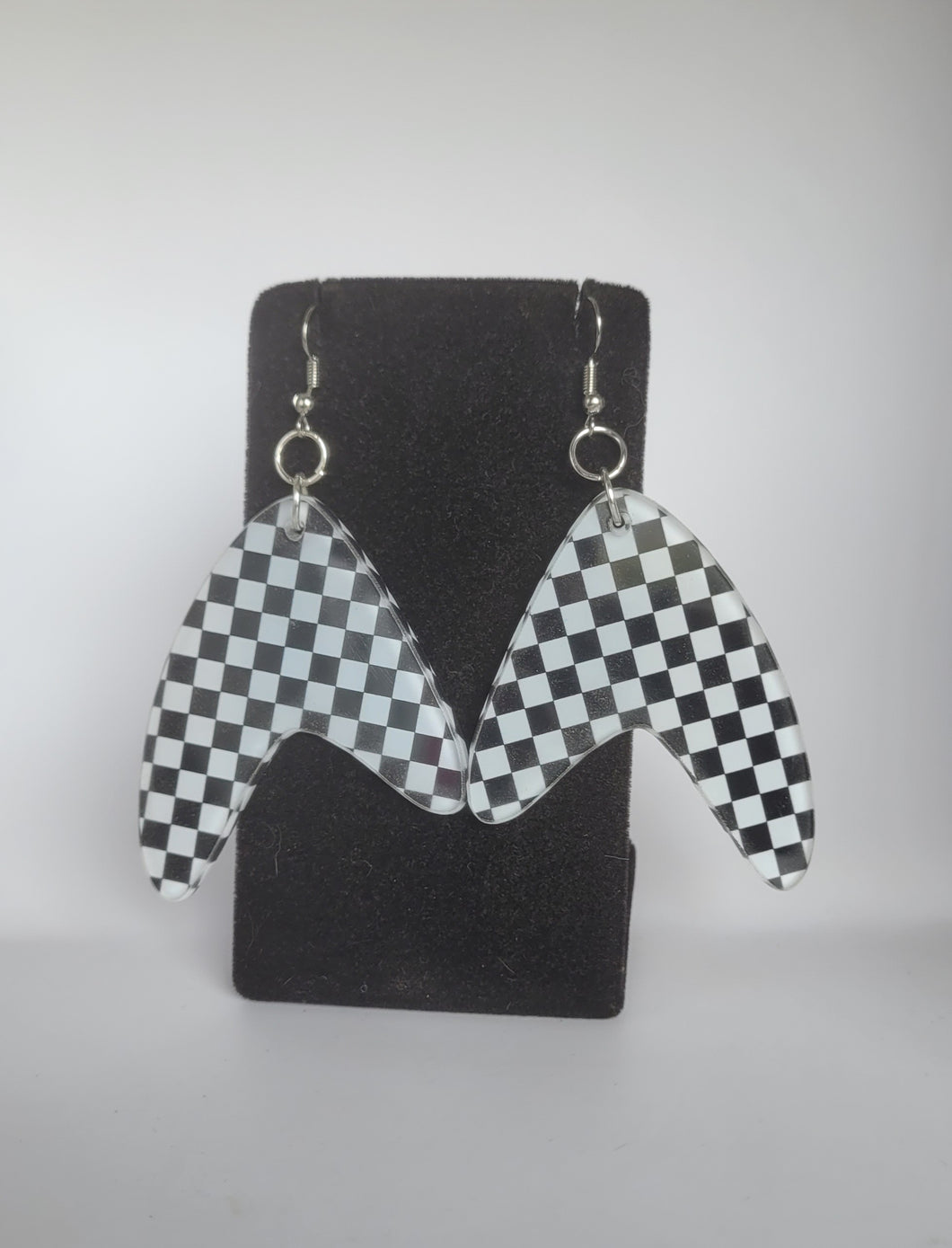 Large Atomic Boomerang Earrings in Black and White Checkerboard Acrylic