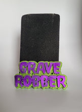 Load image into Gallery viewer, Grave Robber Acrylic Brooch in Glitter Lime Green and Pearl Purple
