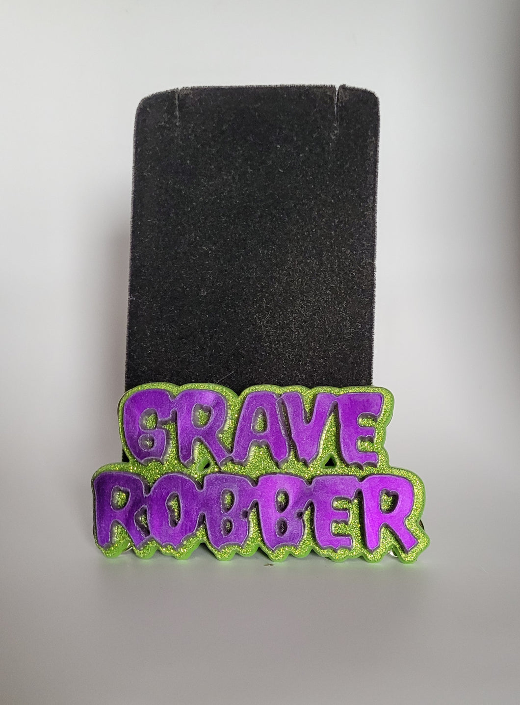 Grave Robber Acrylic Brooch in Glitter Lime Green and Pearl Purple