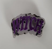 Load image into Gallery viewer, Witch Brooch in Pearl Purple and Clear Glitter Bat Acrylic
