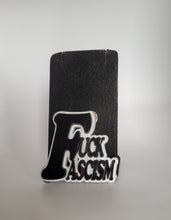 Load image into Gallery viewer, F**k Fascism Brooch in Black Gloss and White Pearl Acrylic
