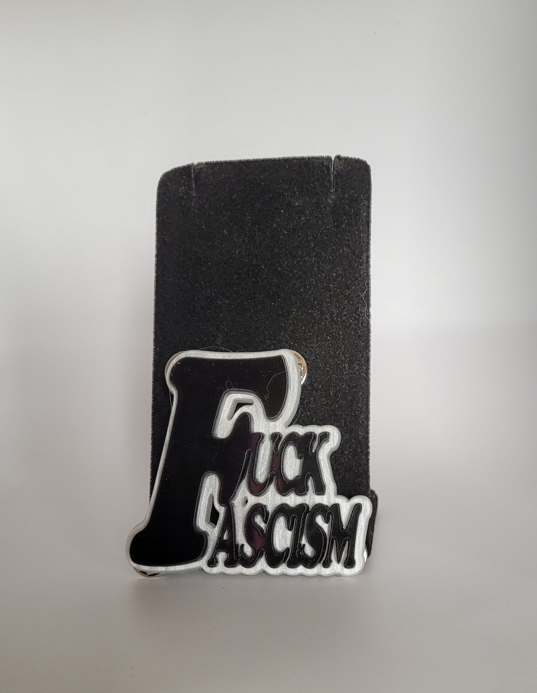 F**k Fascism Brooch in Black Gloss and White Pearl Acrylic