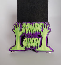 Load image into Gallery viewer, Zombie Queen Brooch in Pearl Purple and Pearl Lime Green Acrylic
