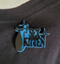 Load image into Gallery viewer, Sex Kitten Brooch in Black Gloss and Blue Glitter Acrylic
