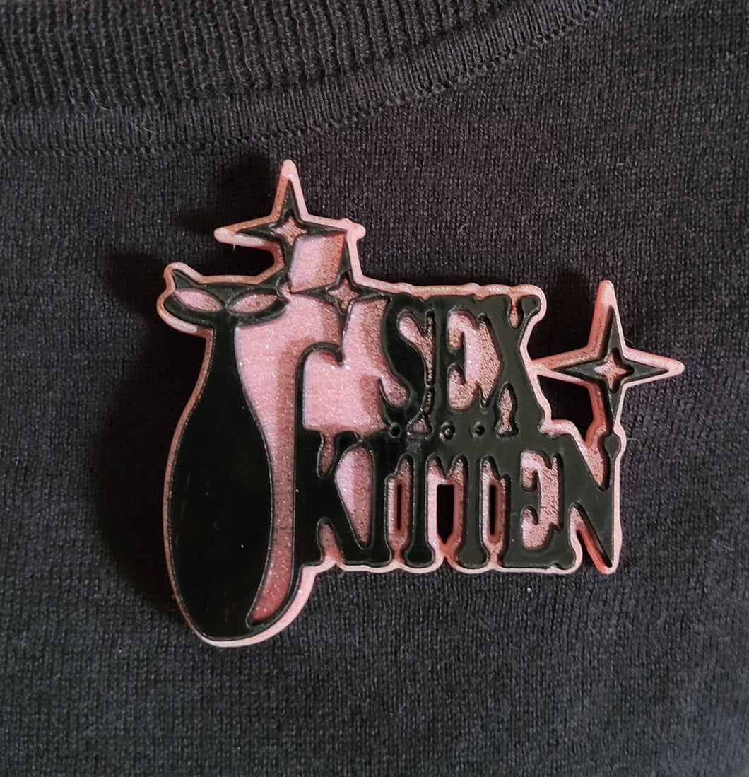Sex Kitten Brooch in Black Gloss and Pink Glitter Acrylic