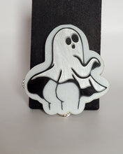 Load image into Gallery viewer, BOOty Ghost Brooch in Black Gloss, White Glitter, and White Pearl Acrylic
