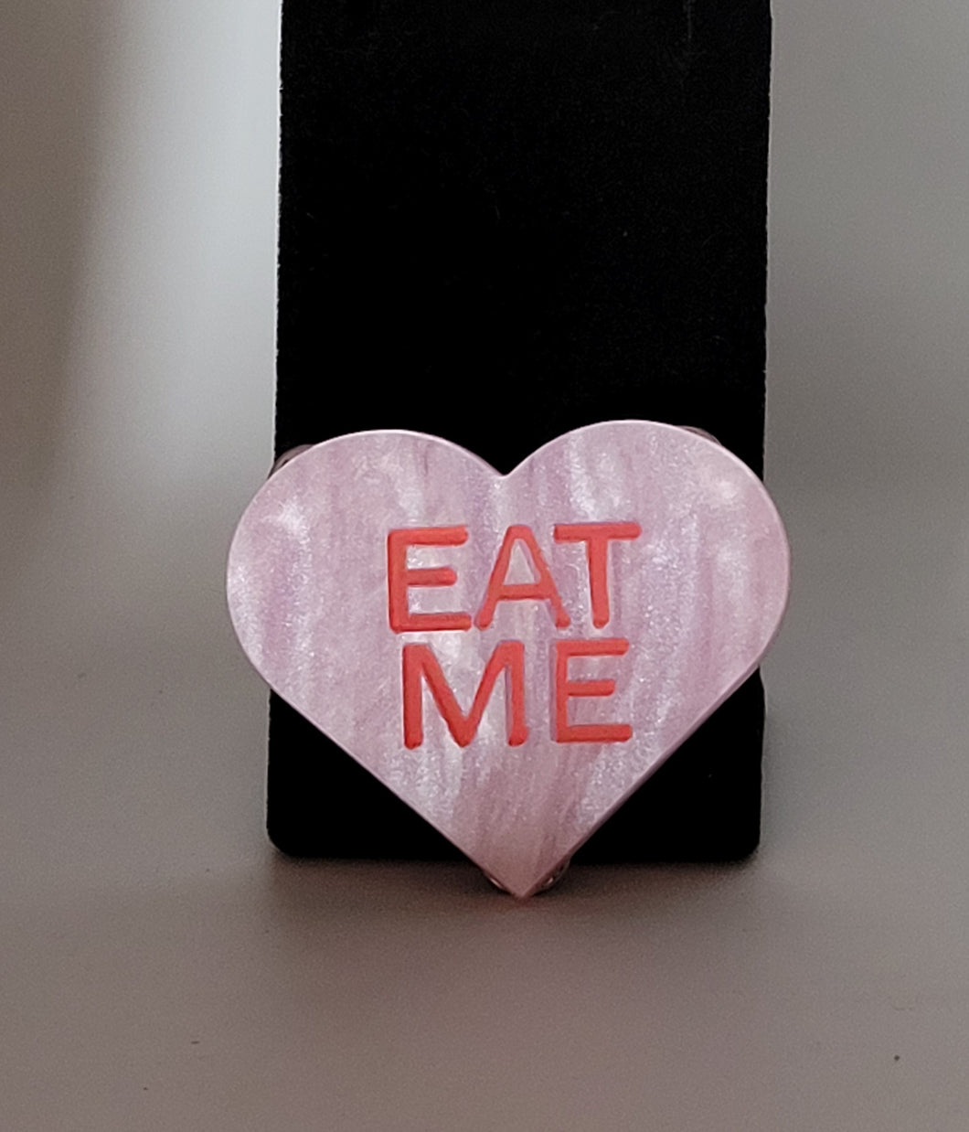 Eat Me Valentine's Day Heart Brooch in Pearl Pink Acrylic