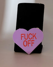 Load image into Gallery viewer, F**k Off Valentine&#39;s Day Heart Brooch in Pale Lavender Acrylic
