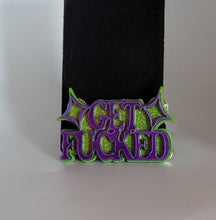 Load image into Gallery viewer, Get F**ked Brooch in Glitter Lime Green and Purple Pearl Acrylic
