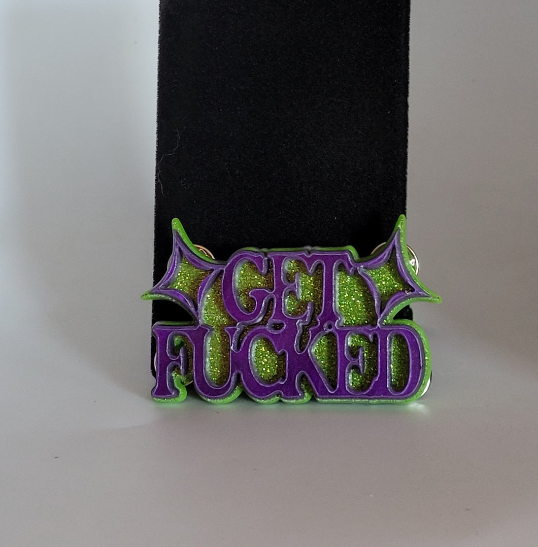 Get F**ked Brooch in Glitter Lime Green and Purple Pearl Acrylic