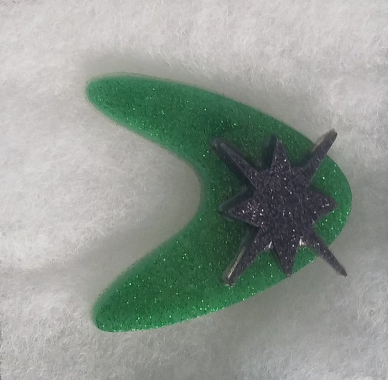 Large Atomic Boomerang Brooch in green and black