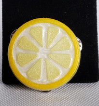 Load image into Gallery viewer, Lemon Slice Brooch in yellow and shimmery white
