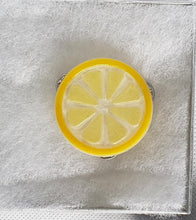 Load image into Gallery viewer, Lemon Slice Brooch in yellow and shimmery white
