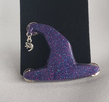 Load image into Gallery viewer, Witch Hat Brooch in Galaxy Purple with Crescent Moon
