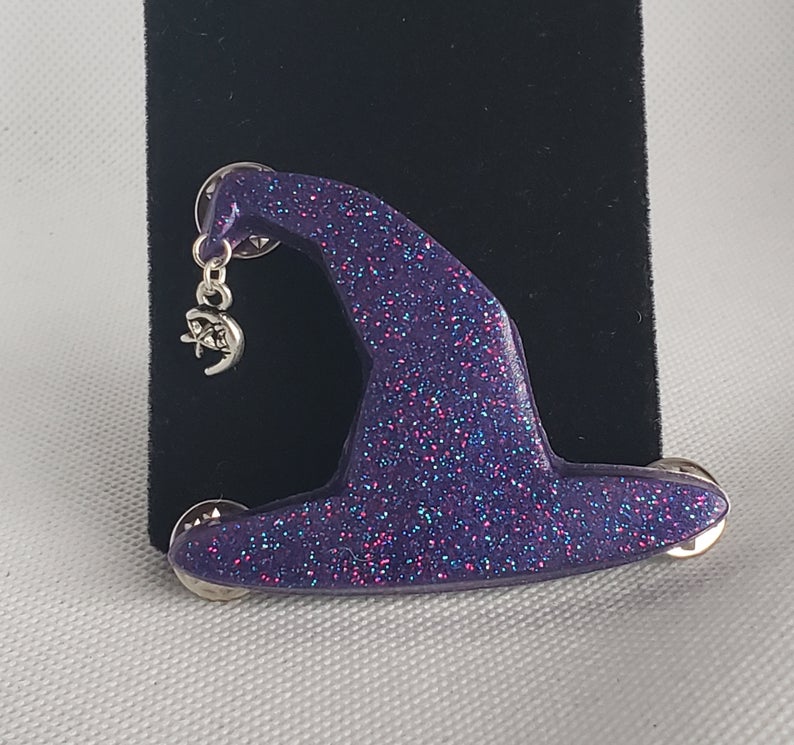 Witch Hat Brooch in Galaxy Purple with Crescent Moon