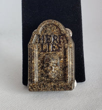 Load image into Gallery viewer, Here Lies/Skull Tombstone Brooch
