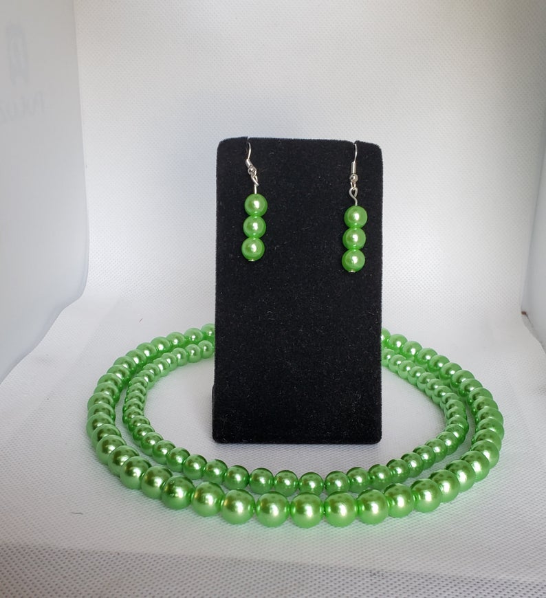 Faux Pearl Double Strand Necklace and Earrings Set in Light Green