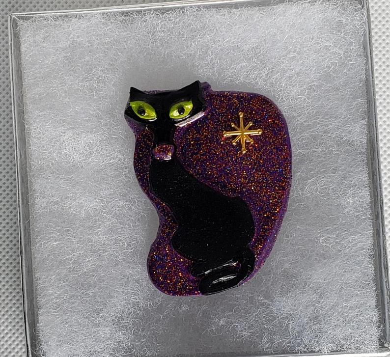 Atomic Cat Brooch in Amethyst Purple and Black