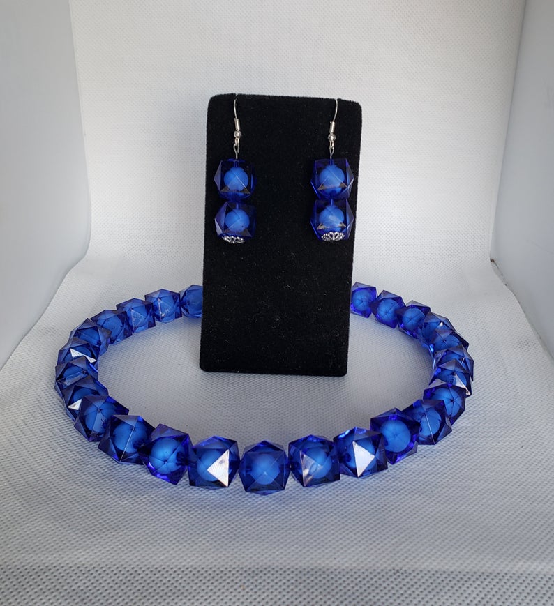 Chunky Acrylic Necklace and Earrings Set in Blue