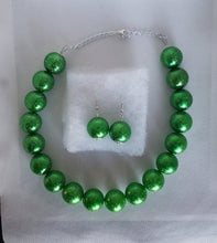 Load image into Gallery viewer, Acrylic and Glitter Gumball Bead Earrings and Necklace Set in Green
