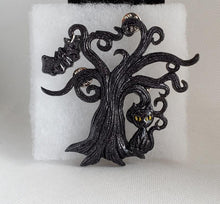 Load image into Gallery viewer, Haunted Tree Brooch with Bat and Kitty
