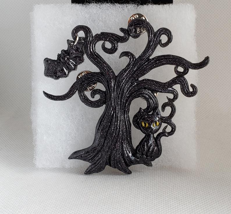 Haunted Tree Brooch with Bat and Kitty